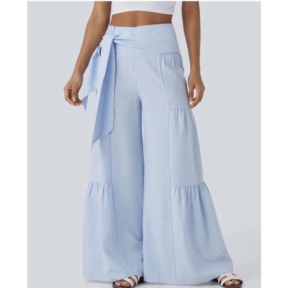 Halara High Waisted Tie Back Shirred Wide Leg Flowy Stripe Casual Pants S - Picture 5 of 8